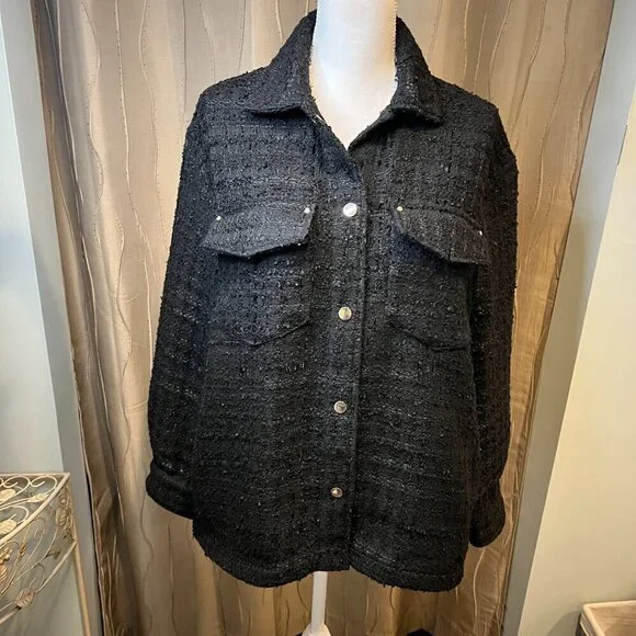 Zara Black Tweed Oversized Shirt Jacket, Size Small - Picture 3 of 16